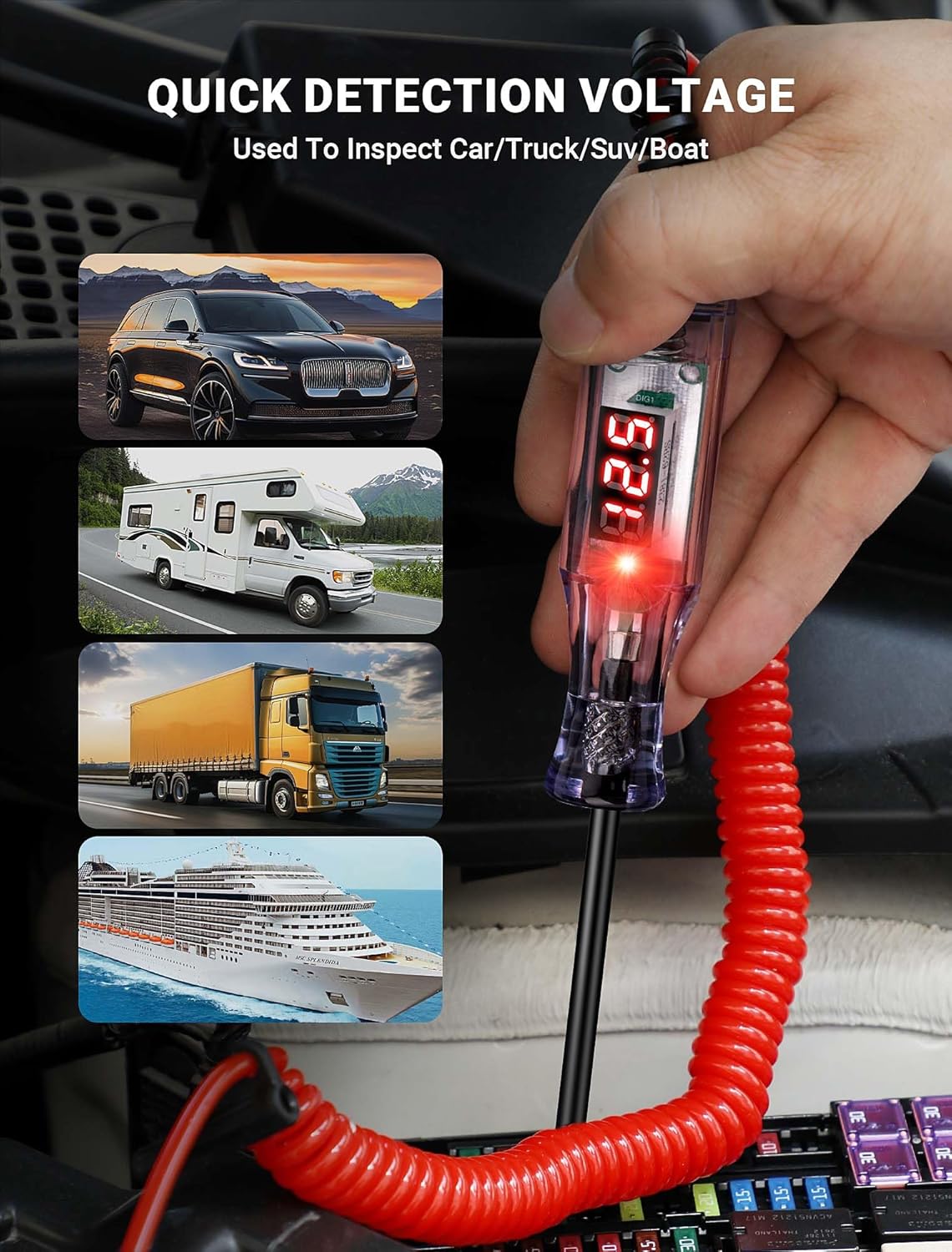 Automotive Test Light with 5-120V LED Digital Voltage Display, Circuit Tester Automotive with Voltmeter & Dual Color Polarity Indicator, Electrical Test Pen with Long Probe for Car RV Fuse Checker