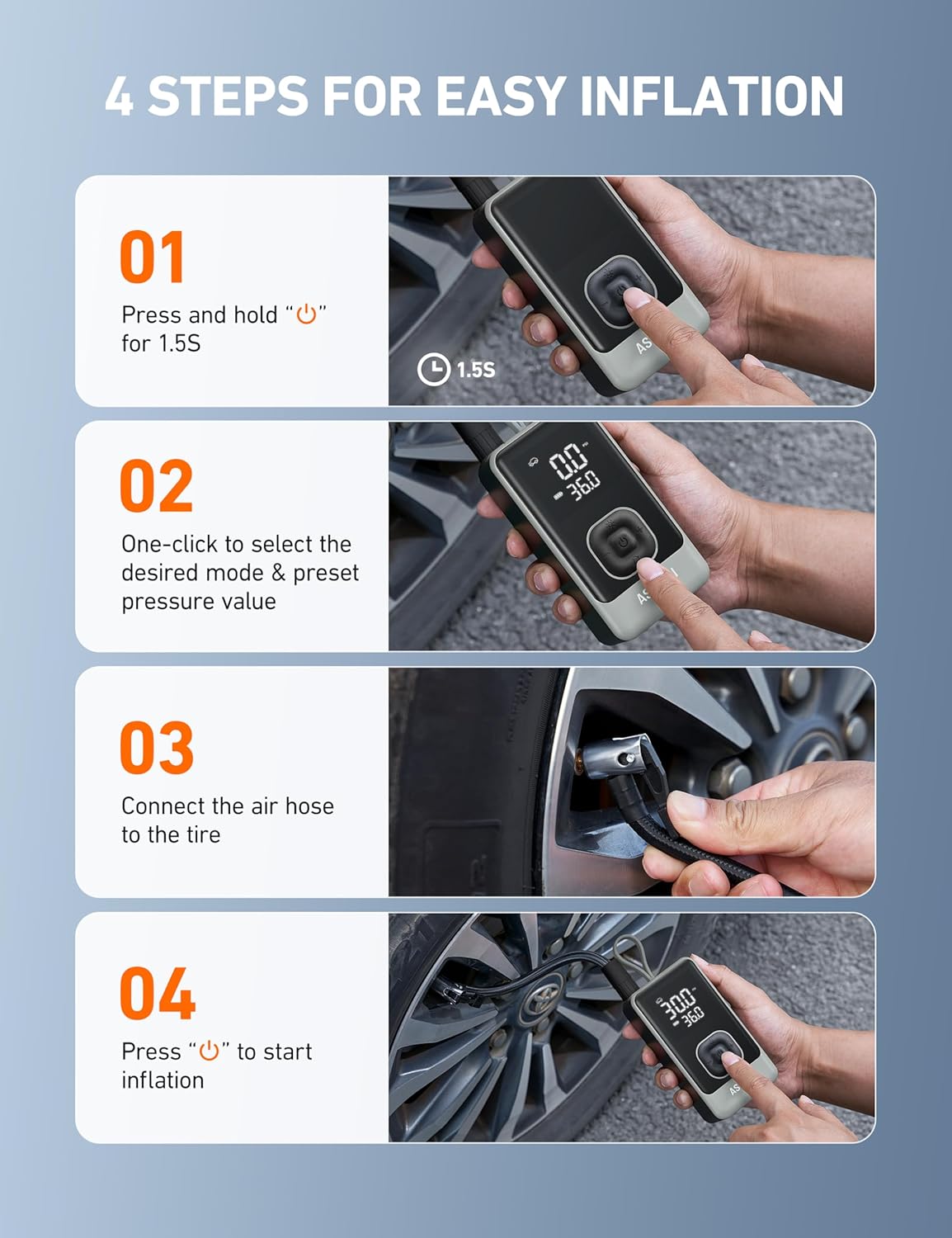 AstroAI L7 Air Tire Inflator Portable Air Compressor, 150PSI Electric Cordless Pump with Fast 1-min Inflation, Auto Shutoff, LED Light – Rechargeable for Car, SUV, Motorcycle, Bike Tires (Grey)