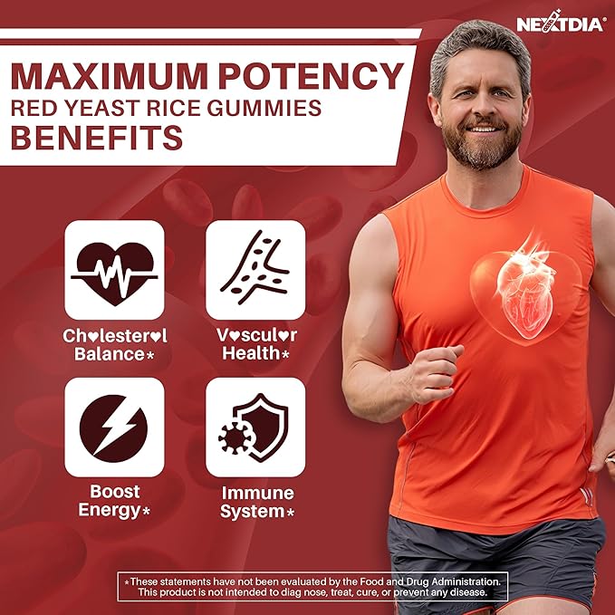 Red Yeast Rice Gummies 2400MG with CoQ10, Suagr Free Balanced Cholesterol Supplements Plus Citrus Bergamot, Plant Sterols & Stanols Supports Vascular Health, Energy, Immunity for Age 50+,Vegan,60 Cts