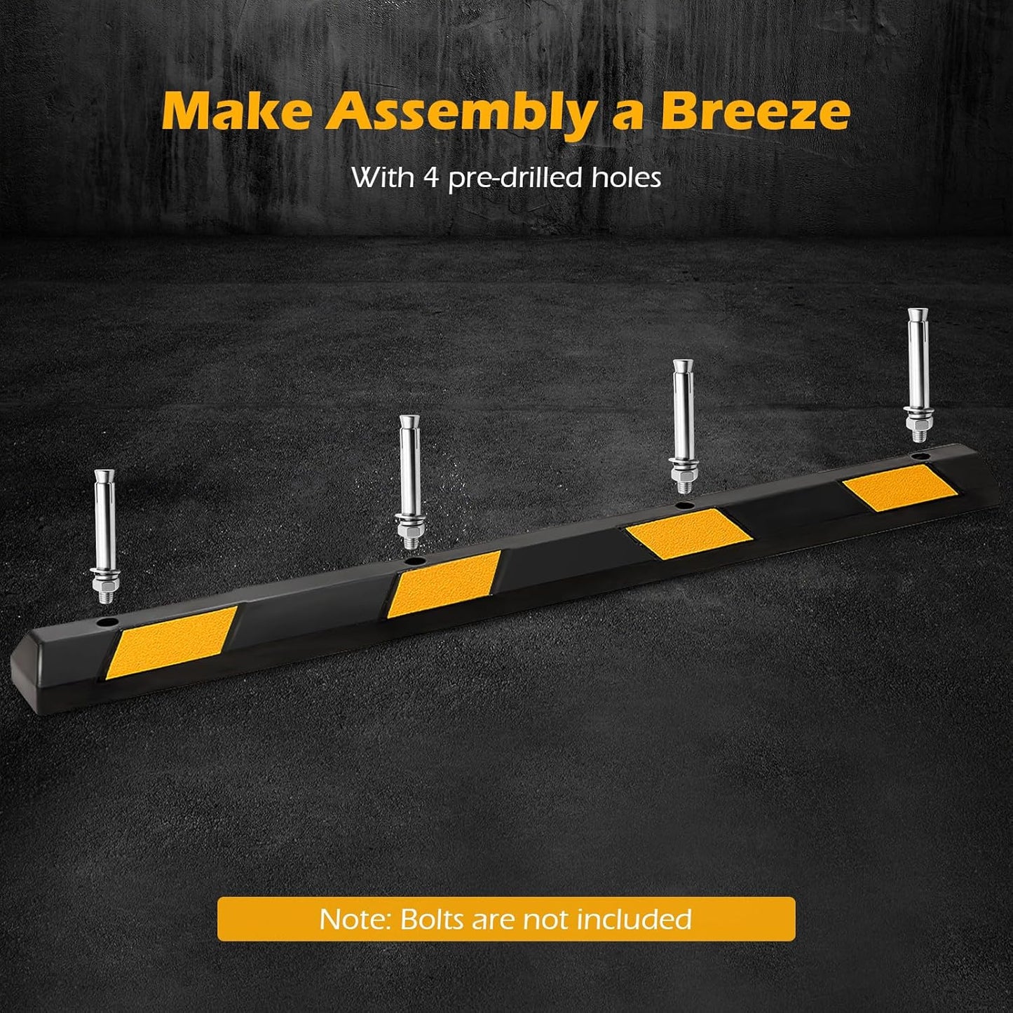 Rubber Parking Curb Garage Floor Stopper, 72" Heavy Duty Parking Lot Stopper with Yellow Reflective Stripes, Guide Wheel Stopper for Car, Truck, RV, Trailer, Driveway (1 Pack