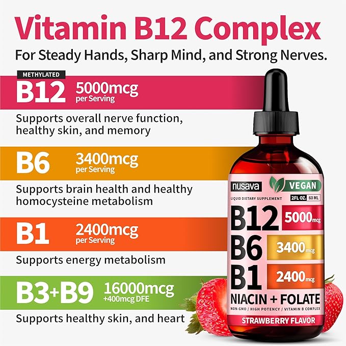 (2 Pack) Vitamin B12 and B6 Liquid Drops, B12 Sublingual Vitamin B Complex - B 12 Vitamin 5000mcg - B12 Methylcobalamin for Energy, Brain, and Heart Support with 27,200 mcg, Strawberry, 80 Servings