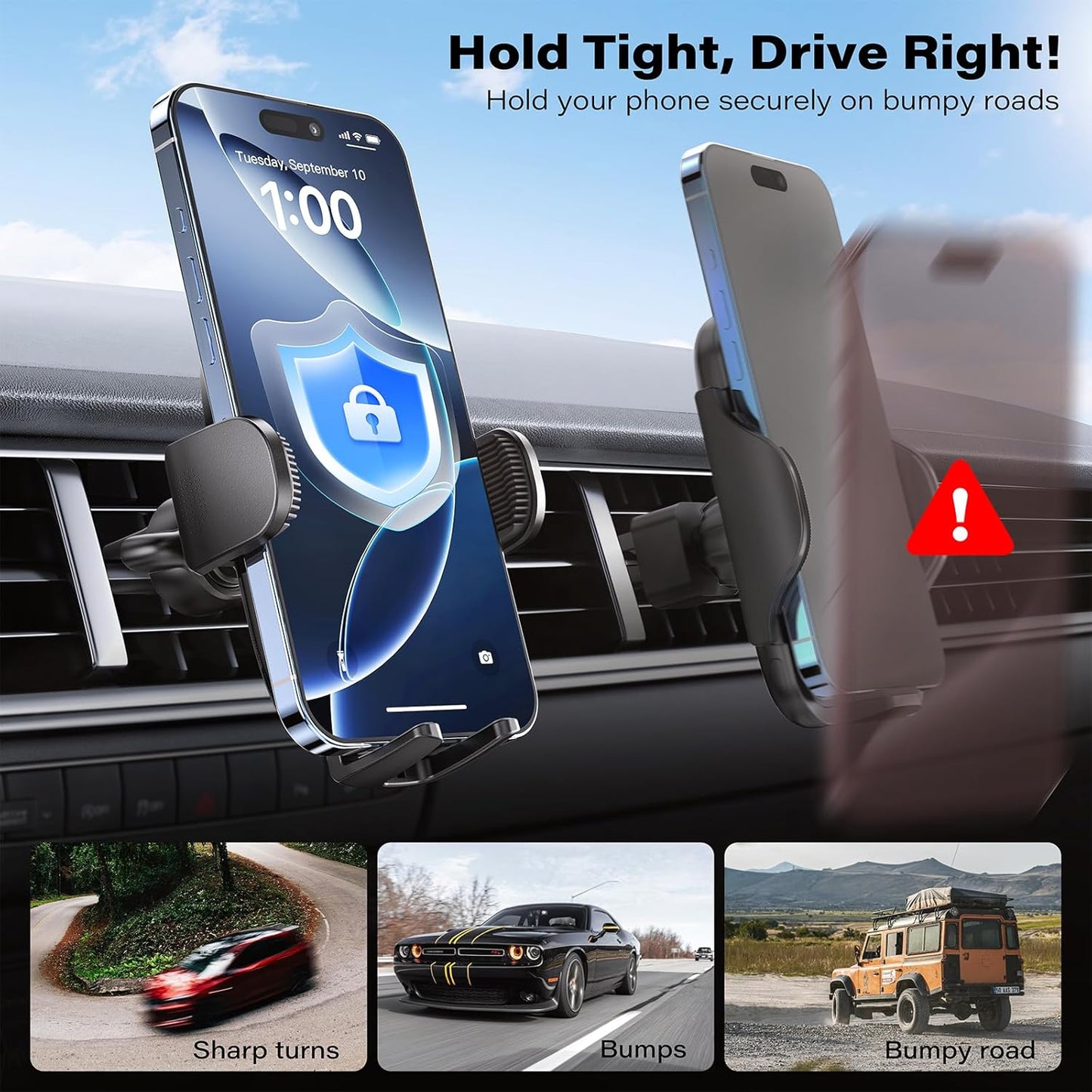APPS2Car Suction Cup Phone Mount, Windshield/Dashboard/Air Vent Car Phone Holder Mount with Sticky Gel Pad, Compatible with iPhone, Samsung, All Cellphone, Thick Case Friendly