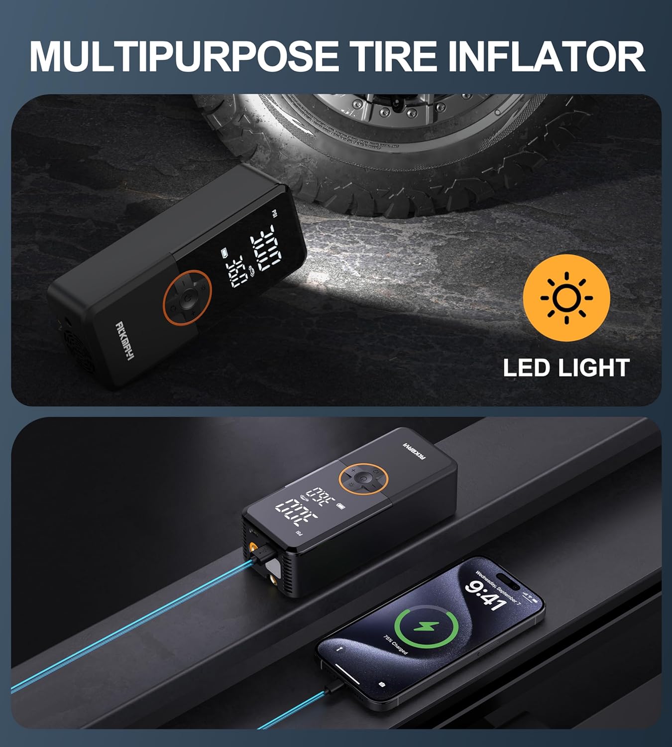 Tire Inflator Portable Air Compressor, 150PSI Air Pump for Car Tires, Cordless Air Compressor with Inflation and Deflation Modes, 12V DC Tire Pump for Car, Motorcycle, Bicycle, Balls