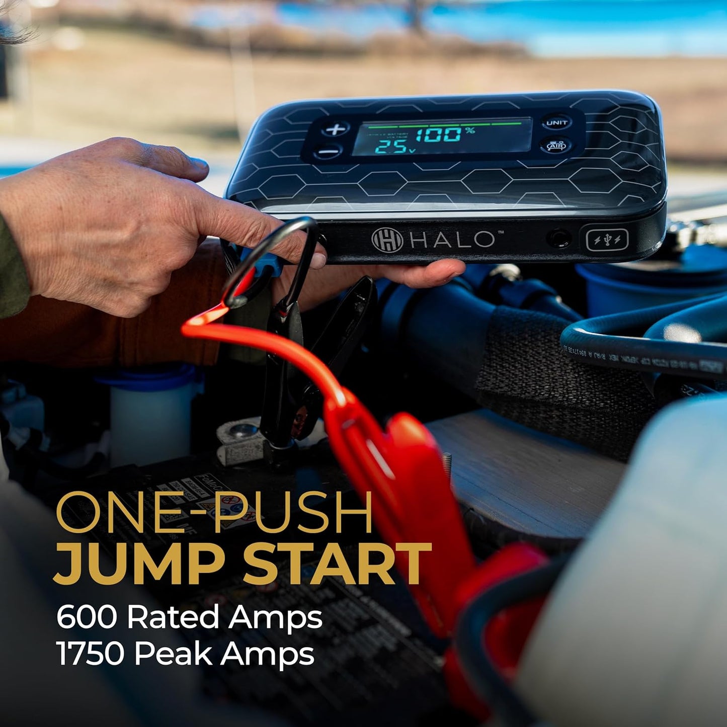 HALO Bolt Air+ 1750 Portable Car Battery Jump Starter | 130 PSI Air Compressor, 59.9Wh USB Power Bank, Large Display, Emergency Floodlight & Charger, Jumps Cars SUVs & Trucks, Inflates Tires — Teal