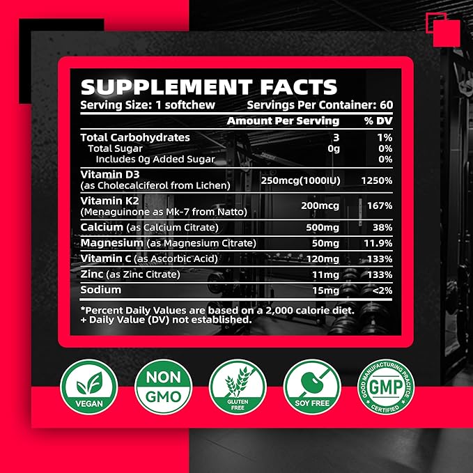 Sugar-Free Vitamin D3 K2 Chews with Calcium + K2 (MK-7), Magnesium Citrate, Vitamin C, Extra Strength - Ultimate Absorption for Bone Muscle Teeth Immune,Vegan - 60 Count-Strawberry Flavor.