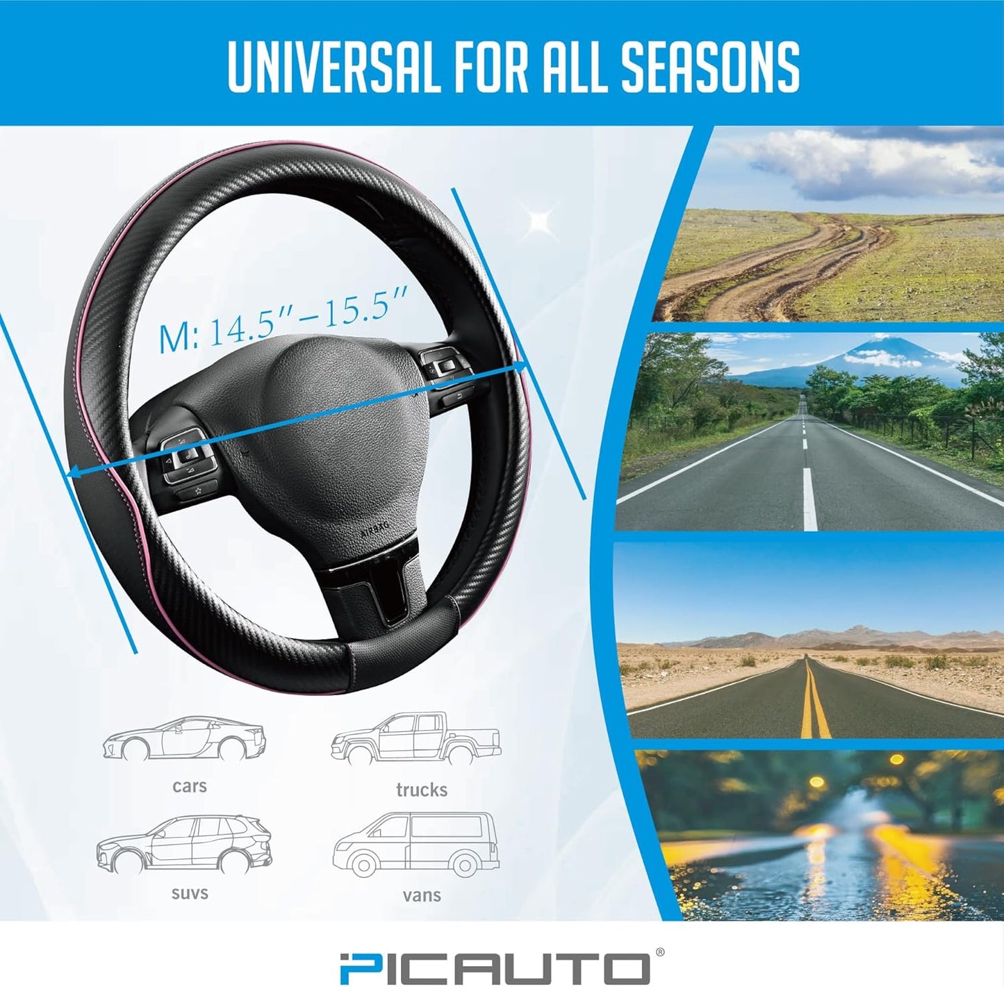 PIC AUTO Steering Wheel Cover, Pink Piping Leather, Sports Carbon Fiber and Super Breathable Leather, Universal 14.5-15.5 Inch Anti-Slip Steering Wheels Accessories for Men & Women