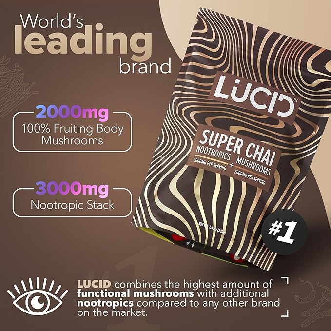 Lucid Superfood Organic Mushroom Chai with Nootropics - Lion's Mane, Tremella, Cordyceps & Turkey Tail - Instant Mushroom Chai Focus Brain Health - Alpha GPC, L-Theanine, Ginko Biloba - USA Made