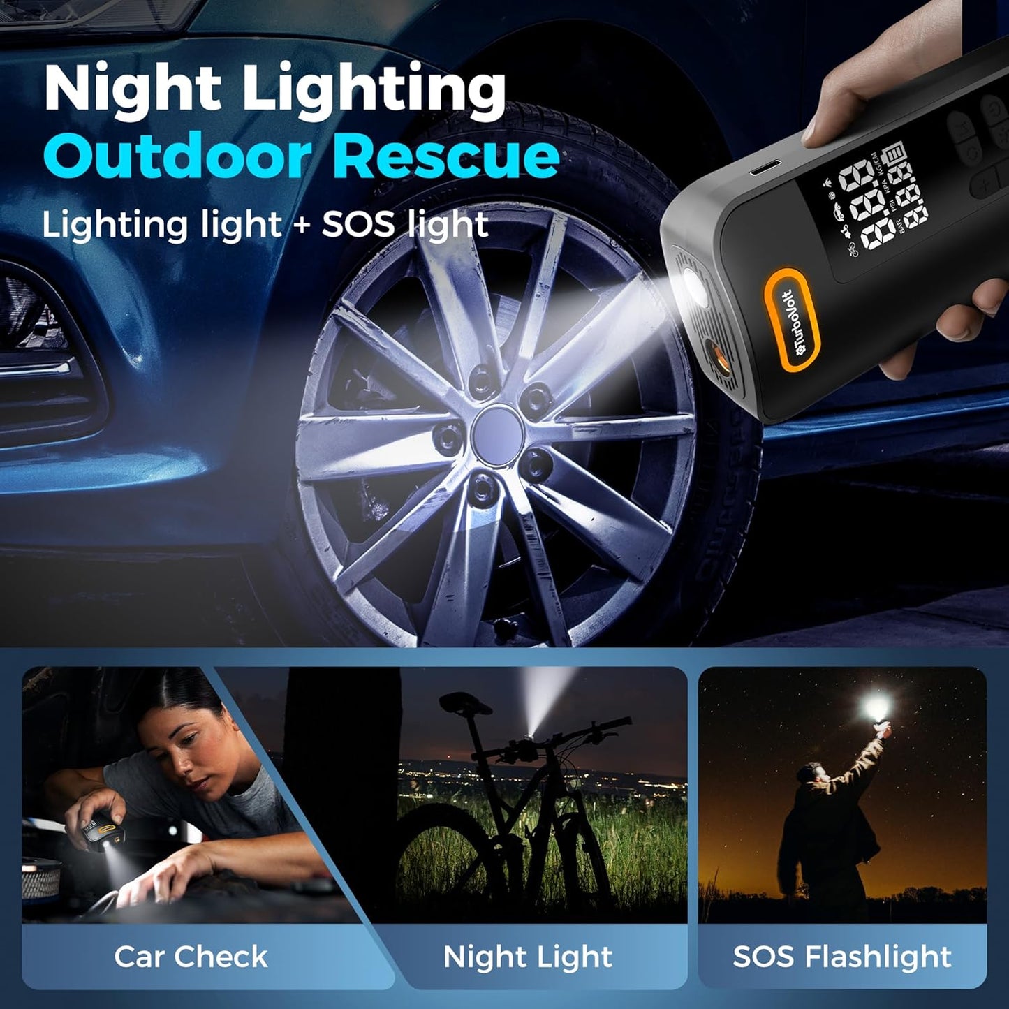 Tire Inflator Portable Air Compressor, 150PSI Rechargeable 2X Faster Cordless Air Pump, Portable Tire Inflator with Pressure Gauge & LED Light 4 Preset Modes, Electric Air Pump for Motor Bike Ball