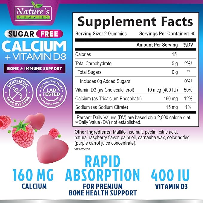Sugar Free Chewable Calcium Gummy Vitamins - Plus 400 IU Vitamin D3 for Bone, Teeth, & Immune Health Support - Calcium Supplements for Women & Men Daily, Non-GMO, Berry Flavored - 120 Gummies