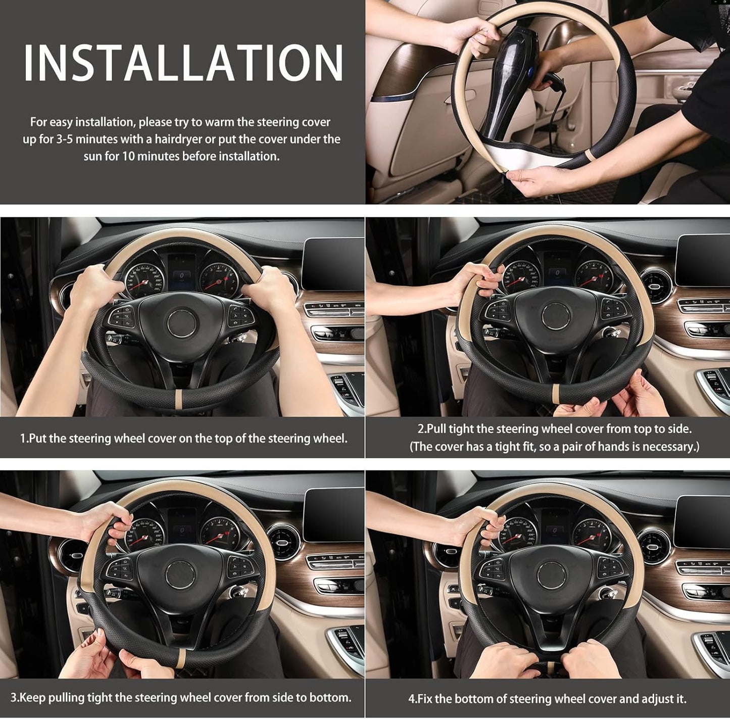 COFIT Breathable Car Steering Wheel Cover 15 inch Auto Universal Leather Wrap Non-Slip Steeringwheel Protector Automotive Interior Accessories, Beige (Suit for 14.5-15 inch)