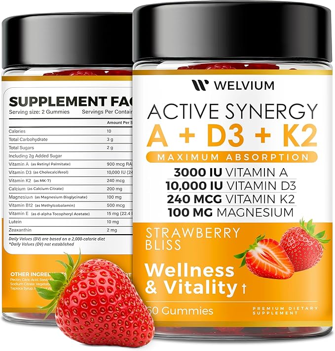 Vitamin D3 K2 Gummies 10000 IU with Magnesium Glycinate, Calcium, B12, K2 MK-7, Vitamins A, E, Lutein, Zeaxanthin - ADK Chewable Supplement for Bone, Heart, Eye, Immune Support - D3K2 Gummies
