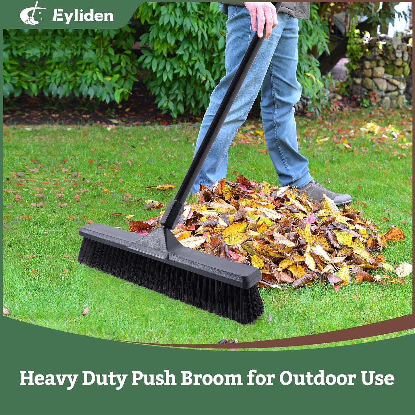 Eyliden Heavy Duty Push Broom 18" - Heavy-Duty, Stiff Bristles, 66" Long Handle - Sweeper Shop Brooms for Garage Concrete Sidewalk Driveway Yard Patio Deck Warehouse Sweeping, Sweep Snow (Black)