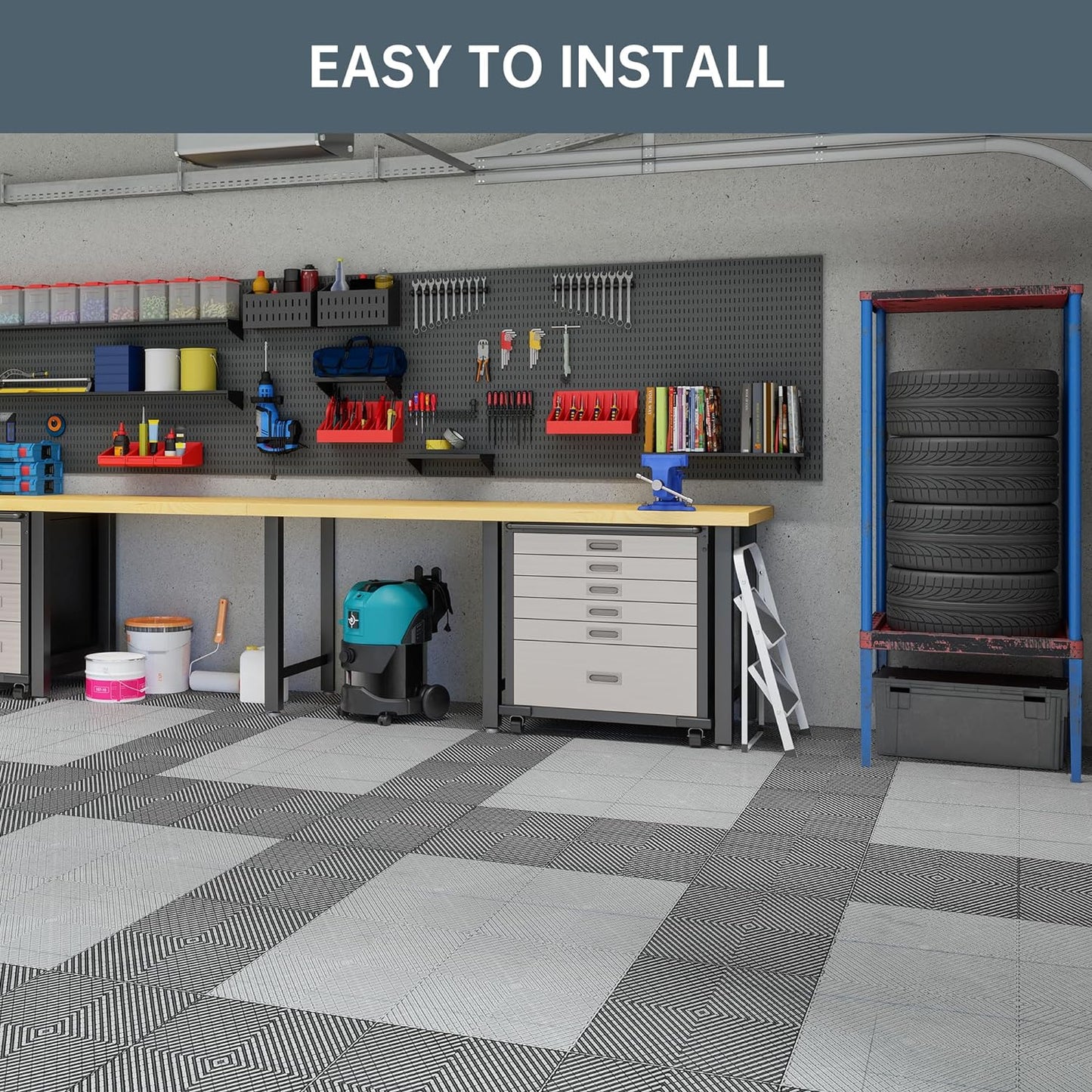 Multifunctional Interlocking Modular Garage Floor Tiles, Non-Slip Interlocking Polypropylene Floor Tiles, 15.7'' x 15.7'' x 0.7''(Thickness) Flooring Tile(40 Pack), Black