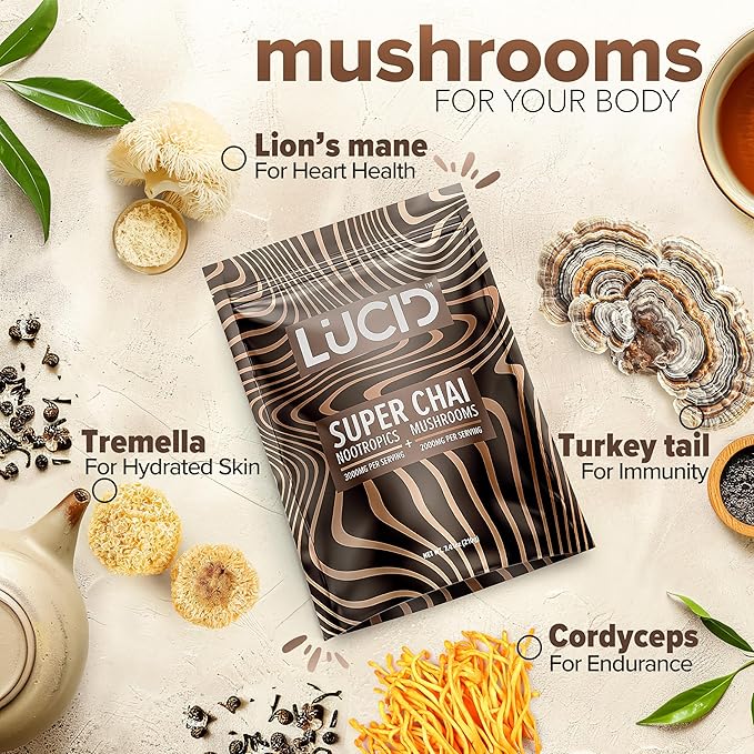 Lucid Superfood Organic Mushroom Chai with Nootropics - Lion's Mane, Tremella, Cordyceps & Turkey Tail - Instant Mushroom Chai Focus Brain Health - Alpha GPC, L-Theanine, Ginko Biloba - USA Made