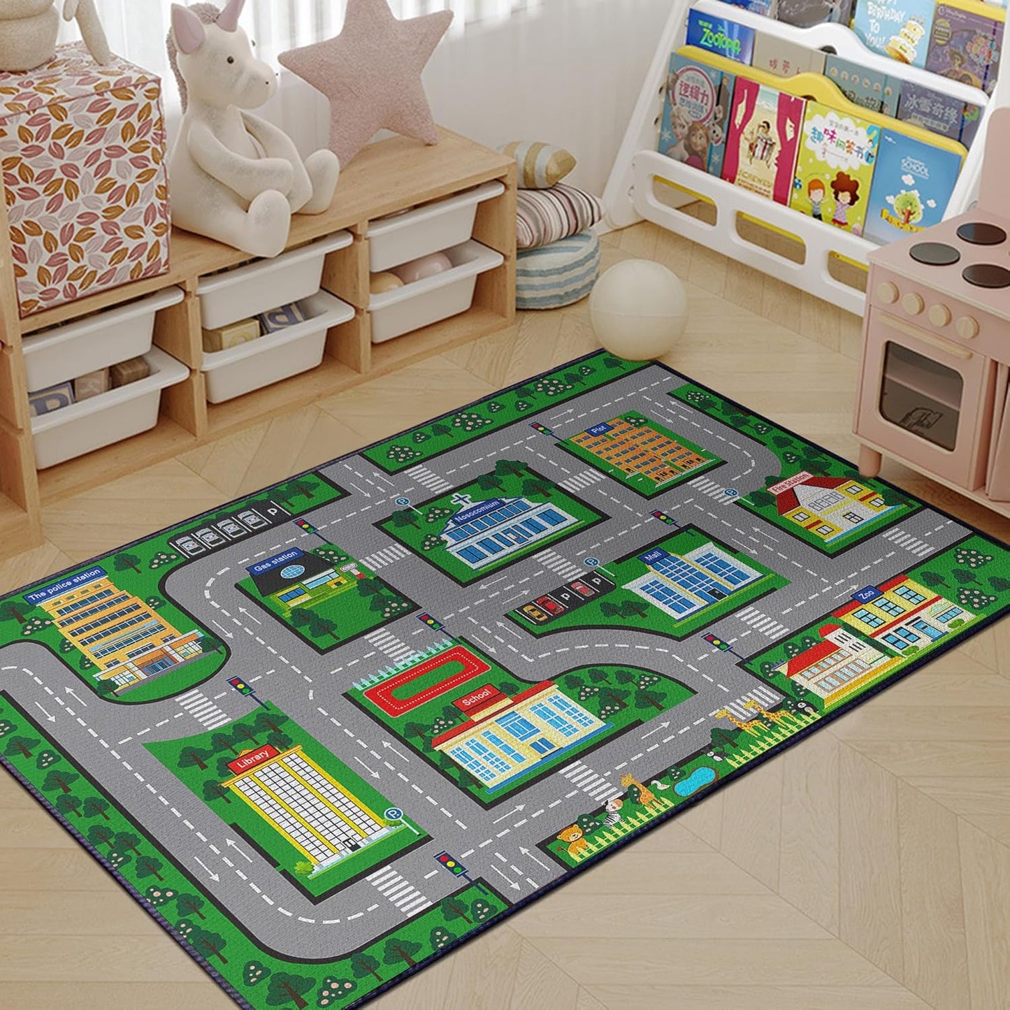 Fun Car Play Area Carpet Car Mat 3x4 Play Rug for Playroom Town City Road Map for Boys Bedroom Non-Slip Washable