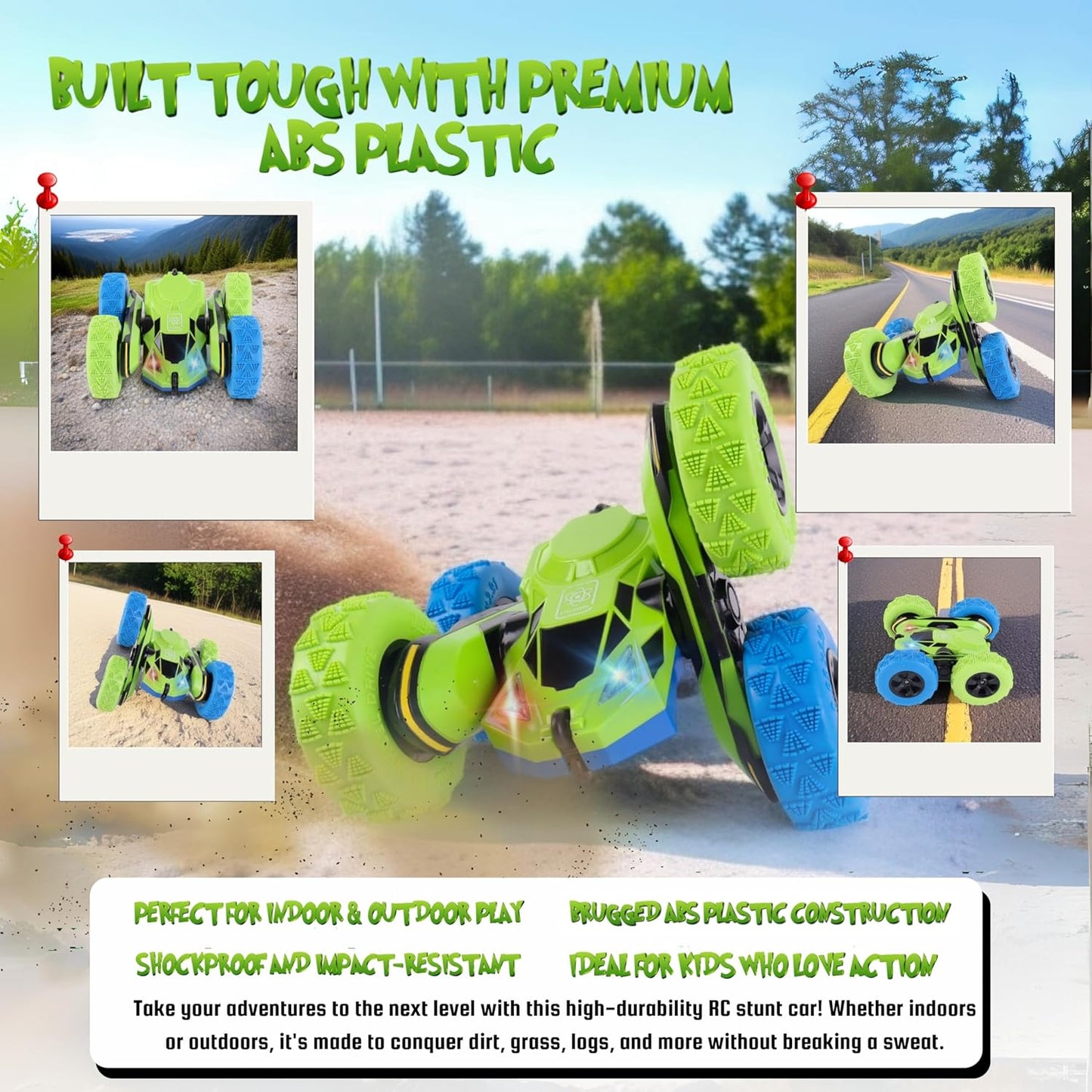 All-Round Drive Stunt RC Car - 360ยฐ Spins, High-Speed Off-Road with LED Headlights, 2 Rechargeable Batteries, AAA Remote Batteries, All-Terrain for Kids 6+ & Adults (Green & Blue)