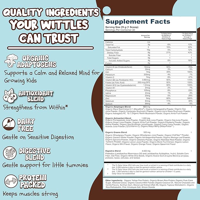 Kids Organic Chocolate Protein Shake for Youth & Teens, 8g of Protein Powder + Superfood Nutrition Powder for Kids (30 Servings, Chocolate)