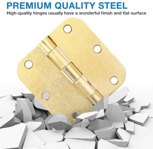 12 Pack Interior Door Hinges Brushed Brass 3.5 inch X 3-1/2" 5/8 Radius,3 ½"Satin Gold Round Standard Hinge for Single Doors DIY Assembly Bifold Table Hardware Kit House Accessories Home Eseentials