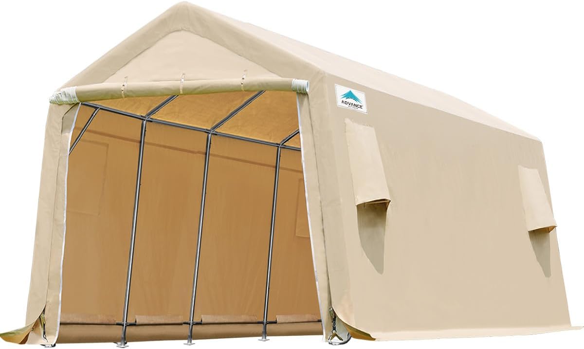 ADVANCE OUTDOOR Heavy Duty 10X20 ft Carport Outdoor Patio Portable Canopy Storage Shelter Shed with 2 Rolled up Zipper Doors & Vents for Snowmobile Garden Tools, Beige