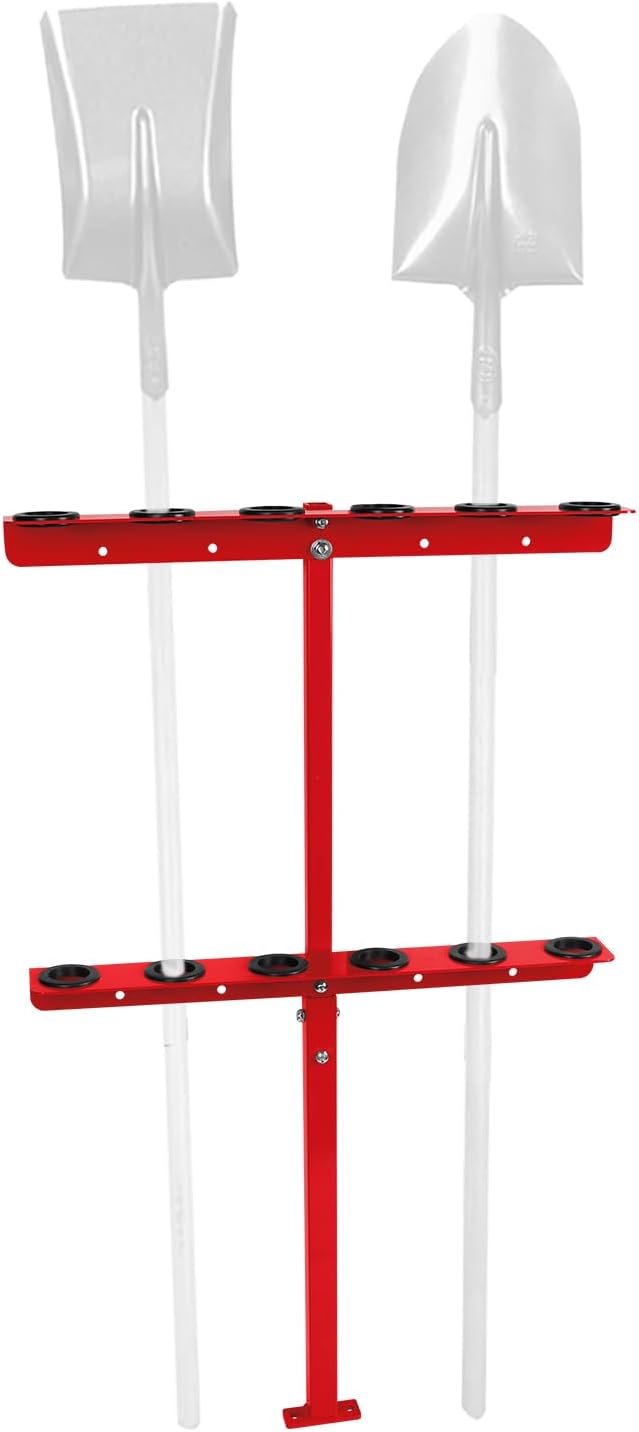 Vertical Hand Rack for Enclosed Landscaping Truck Trailer Garage or Shed Walls Holds 6 Tools for Shovels, Rakes, Hoes, Open Trailer Storage, 1 Pack (Red)