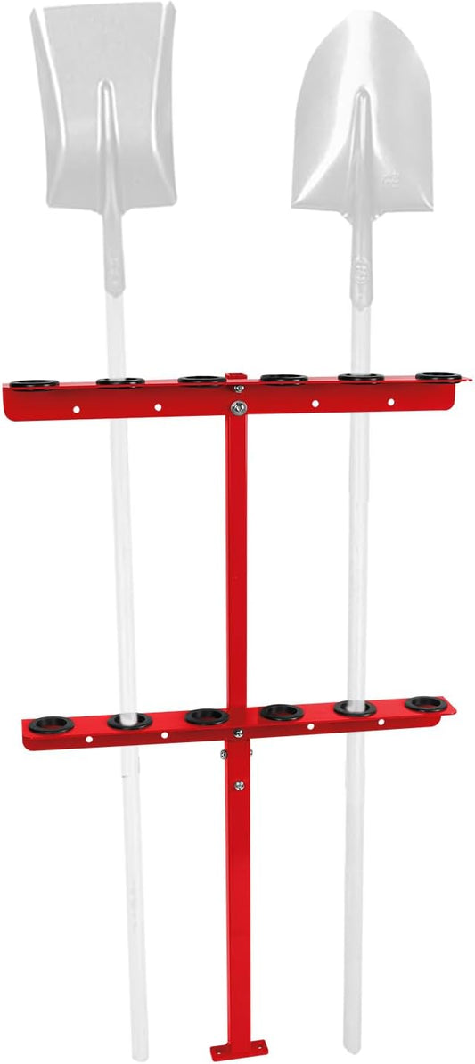 Vertical Hand Rack for Enclosed Landscaping Truck Trailer Garage or Shed Walls Holds 6 Tools for Shovels, Rakes, Hoes, Open Trailer Storage, 1 Pack (Red)