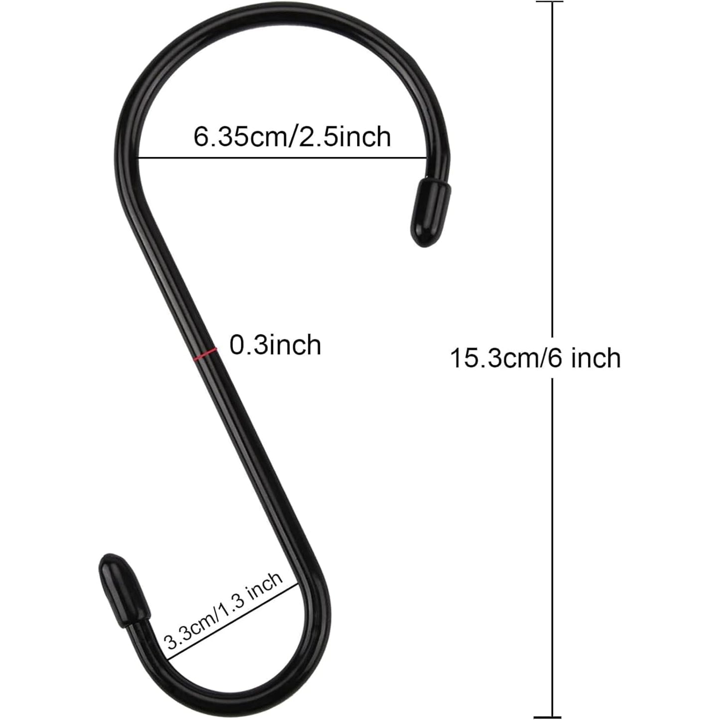 24 Pack 6 Inch S Hook, Large Vinyl Coated S Hooks with Rubber Stopper Non Slip Heavy Duty S Hook, Steel Metal Black Rubber Coated Closet S Hooks for Hanging Jeans Plants Jewelry Pot Pan Cups Towels