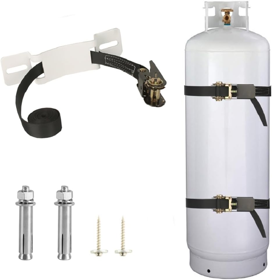 Propane Tank Holder ，Cylinder Wall Mounted Brackets, Ratchet Straps（6.6ft ）, Steel Gas Cylinder Holder, Heavy Duty Gas Cylinder Holder Wall-Mounted Bracket。 (white 1)