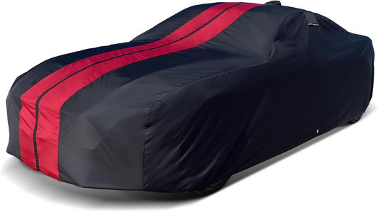 iCarCover Custom Car Cover for Pontiac Lemans 4-Door (1973-1977) Waterproof All-Weather Rain Snow UV Sun Protector Full Exterior Indoor Outdoor Car Cover (Stripe - Black/Red)