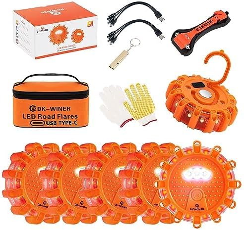 LED Road Flares 6Pack Roadside Emergency car kit Emergency Road Flares Kit with Magnetic Base for Vehicles & Boat | 9 Flash Modes(with Batteries) (6 Part Rechargeable)