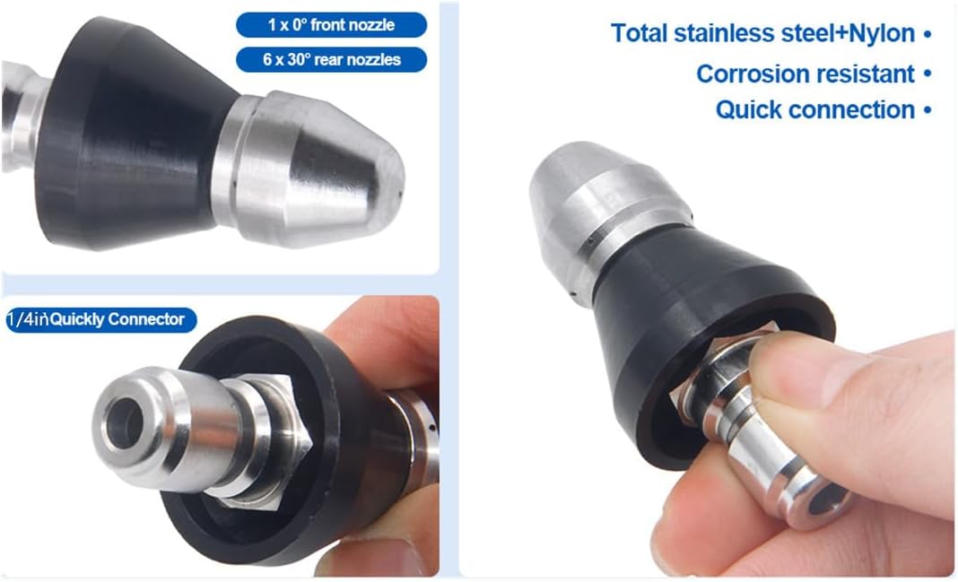 Pressure Washer Sewer Jetter Nozzle with Stainless Steel, Durable Design Sewer Jet Nozzle,Pressure Drain Jetter Hose Nozzle,1/4'' Quickly Connector, 5000 PSI Orifice 6.5