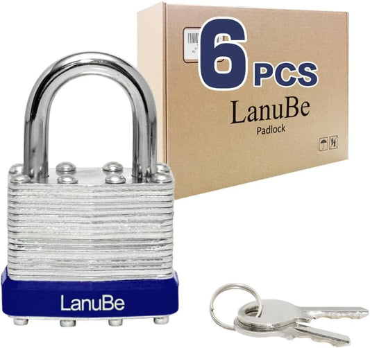 LanuBe Lock Laminated keyed Padlock (1-9/16", 40mm), keyed Alike Locks, Normal Shackle,Marked Blue Plastic Hoop, Pack of 6