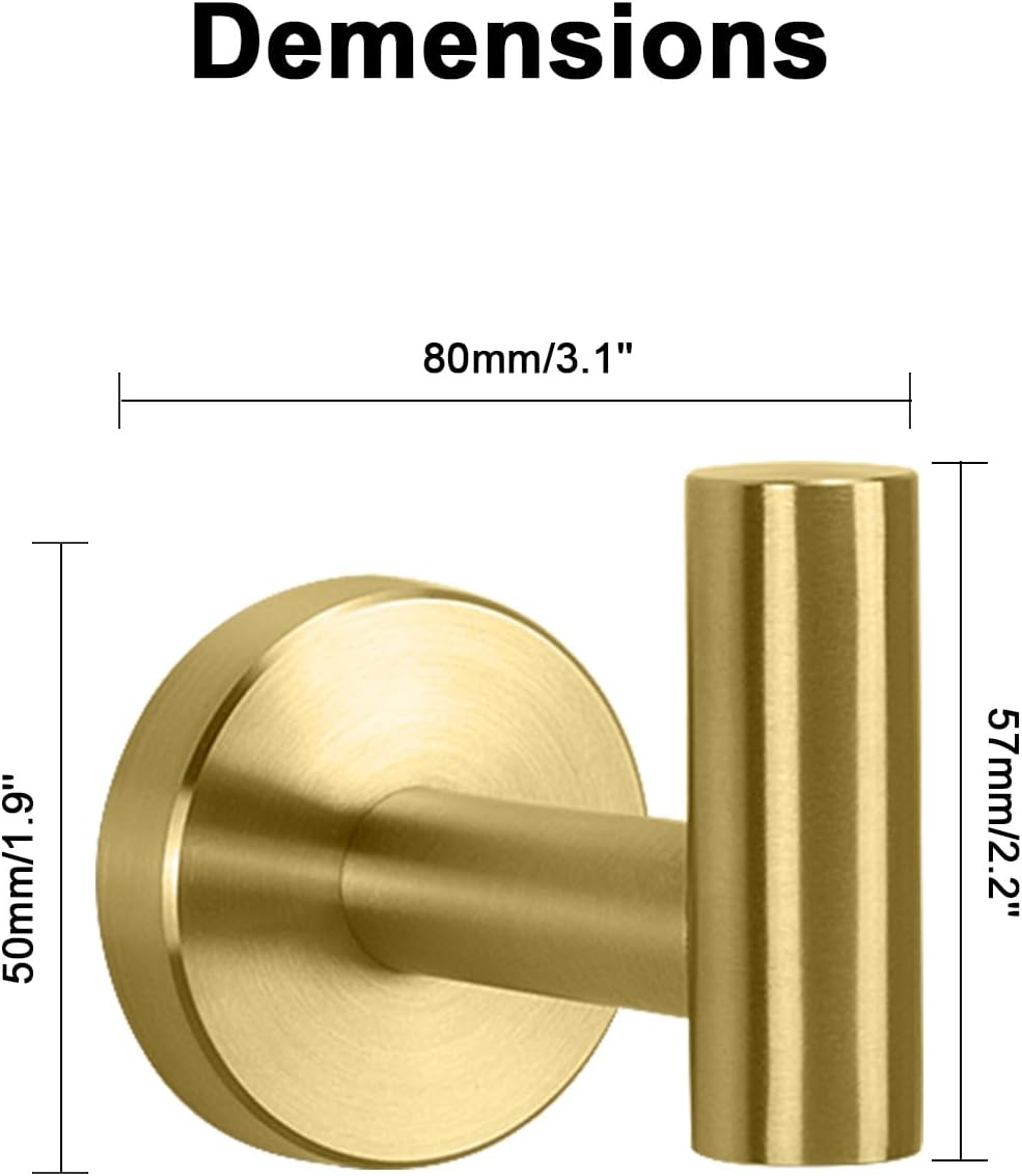 NearMoon Bath Towel Hooks- SUS 304 Stainless Steel Robe Hook Holder, Heavy Duty Coat Hook for Bathroom Livingroom Hotel Kitchen Garage, Wall Mounted (Brushed Gold, 3 Pack)