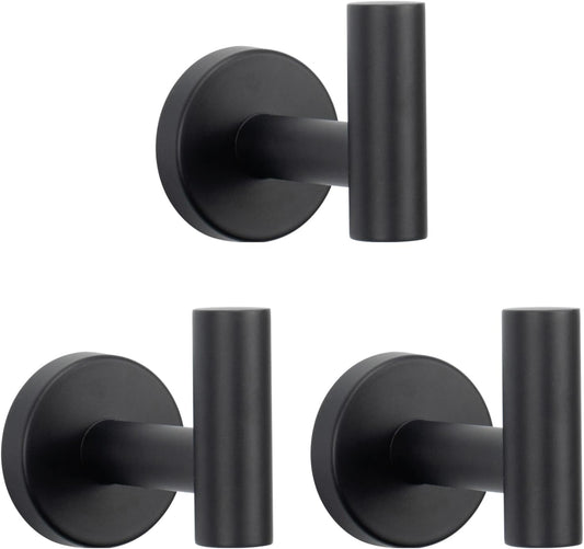 NearMoon Bath Towel Hooks- SUS 304 Stainless Steel Robe Hook Holder, Heavy Duty Coat Hook for Bathroom Livingroom Hotel Kitchen Garage, Wall Mounted (Matte Black, 3 Pack)