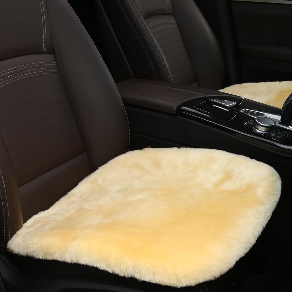 Fluffy Genuine Australia Sheepskin Car Seat Cover for Auto Interior Accessories with Soft Fuzzy Wool Eco-Friendly Natural Fur Non-Slip (Light Yellow, Front)
