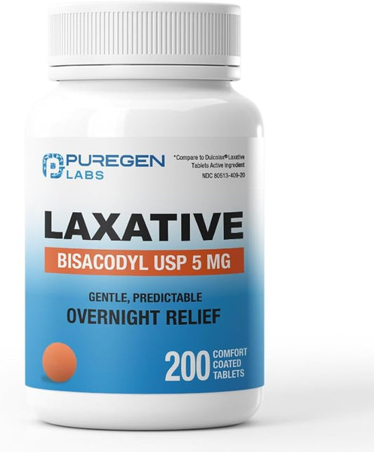 Puregen Labs Bisacodyl 5mg Tablet | 200 Count | Stimulant Laxative, Gentle and Fast Overnight Relief for Constipation