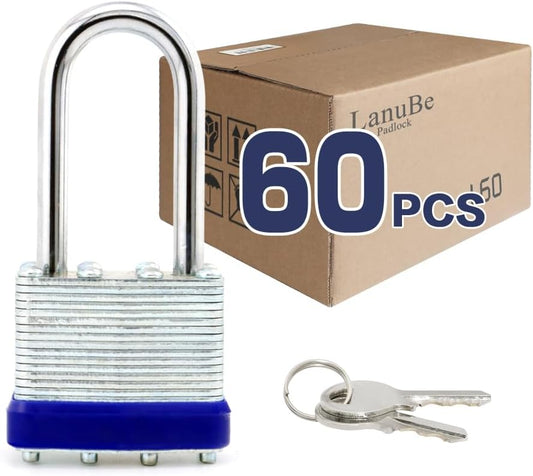 LanuBe Laminated Padlock 1-9/16inch (40mm) Long Shackle 60 Pack Keyed Alike, Blue Plastic Hoop, Bulk Locks for Warehouse, School
