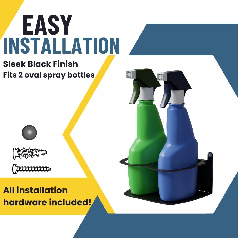 Koova Spray Bottle Holder Heavy Duty- Wall Mount Storage Rack for 2 Spray Bottles, Utility Shelf with Included Hardware - Made in USA, Sturdy Metal Organizer for Efficient Kitchen and Garage Storage