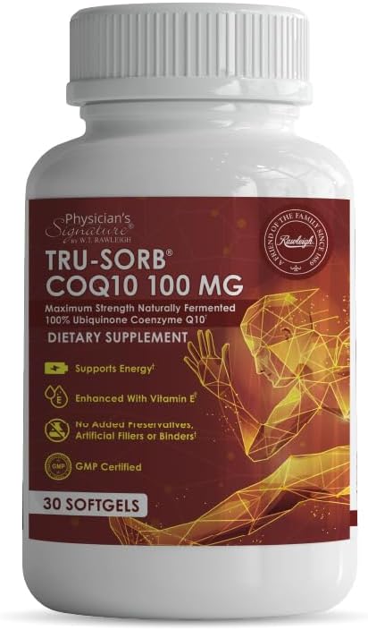 Tru-Sorb Natural COQ10 100mg: 30 Softgels - Supplement with Naturally Fermented 100% High-Potency Coenzyme q10 Ubiquinone, Vitamin E, 6X Ultra high Absorption for Cellular & Heart Health Support