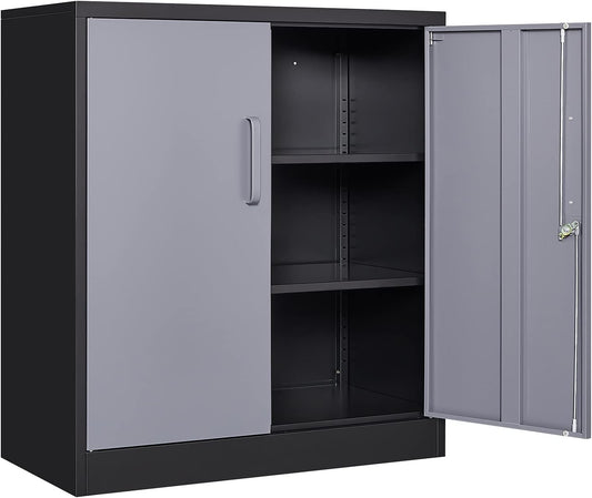 Yizosh Metal Garage Storage Cabinet with 2 Doors and 2 Adjustable Shelves - 35.5" Steel Lockable File Cabinet for Home Office,Garage,Gym,School（Gray Black）