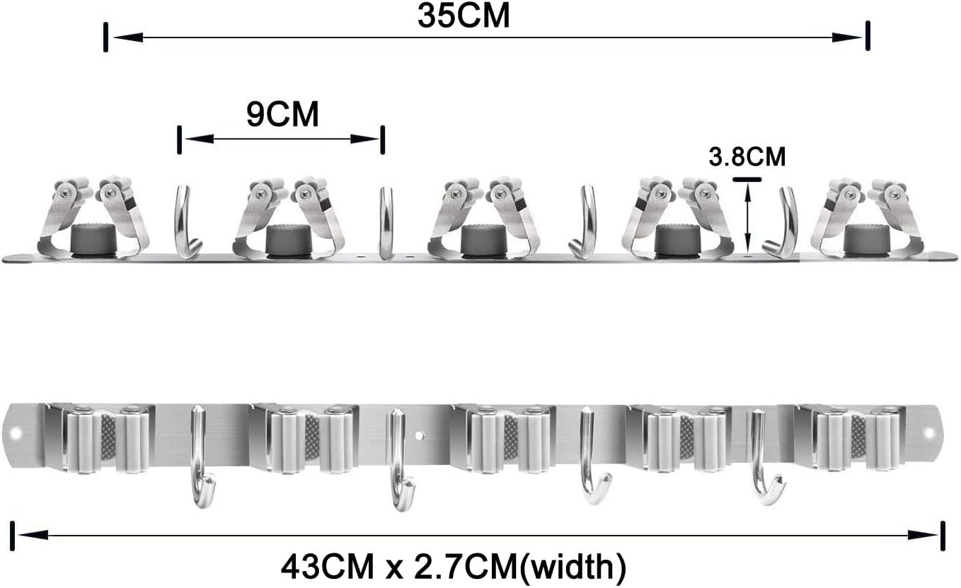 Mop and Broom Holder, 4 Positions 5 Hooks Heavy Duty Mop Hanger Wall Mounted Stainless Steel Organizer for Home Laundry Bathroom, Garage Storage Systems Utility Tools Rack