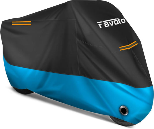 Favoto Motorcycle Cover All Season Universal Weather Quality Waterproof Sun Rain Outdoor Protection Night Reflective with Lock-Holes & Storage Bag Fits up to 86.6" Motorcycles Vehicle Cover