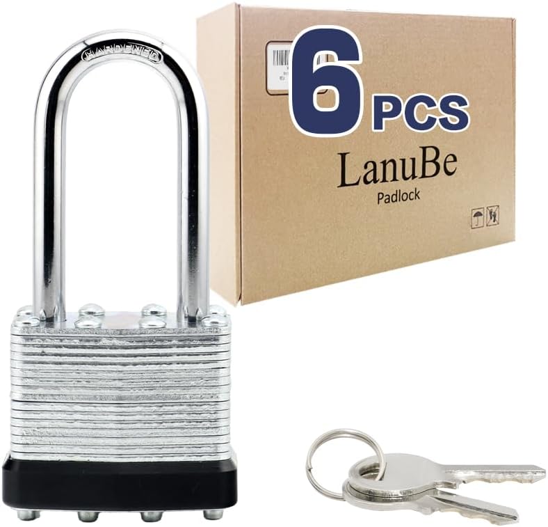 LanuBe Lock Laminated keyed Padlock (1-9/16", 40mm), keyed Alike Locks, Long Shackle,Marked Black Plastic Hoop, Pack of 6