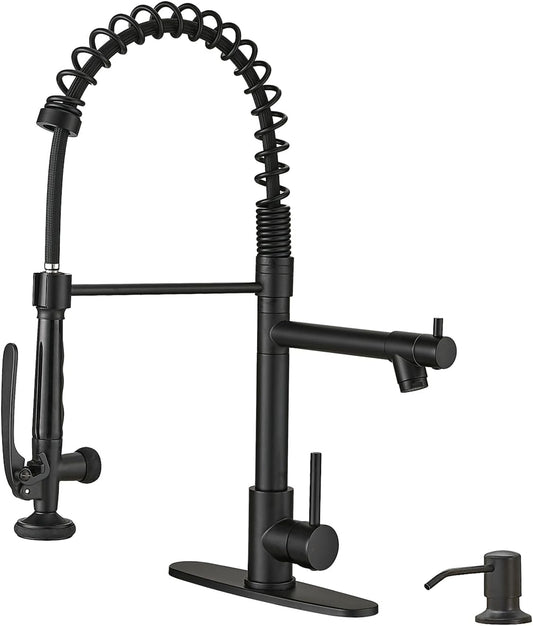 Fapully Commercial Pull Down Kitchen Sink Faucet with Sprayer Matte Black Single Handle Faucets for Kitchen Sink, Kitchen Faucet with Soap Dispenser and Deck Plack for 4 Hole