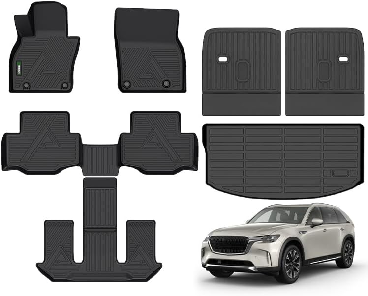 ANBINGO® Floor Mats & SeatBack Cargo Liner | CX90 2024-2025 6 Passenger | 2nd Row with Bucket Seat or Captain Seat | (50/50 Velcro Tape Fixed Backmats) TPE 3 Rows Waterproof Car Mat