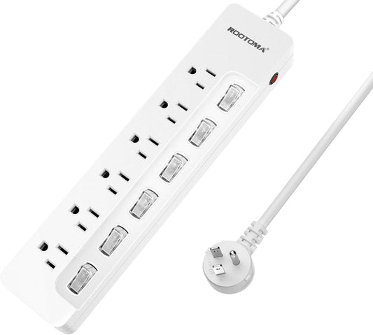 ROOTOMA Power Strip Surge Protector with Individual Switches,6-Foot 14AWG Long Extension Cord 1875W/15A Wall Mount for Office Dorm Home Theatre (6outlets-6ft)