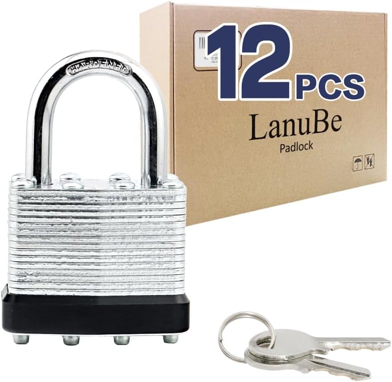 LanuBe Lock Laminated keyed Padlock (1-9/16", 40mm), keyed Alike Locks, Normal Shackle,Marked Black Plastic Hoop, Pack of 12…