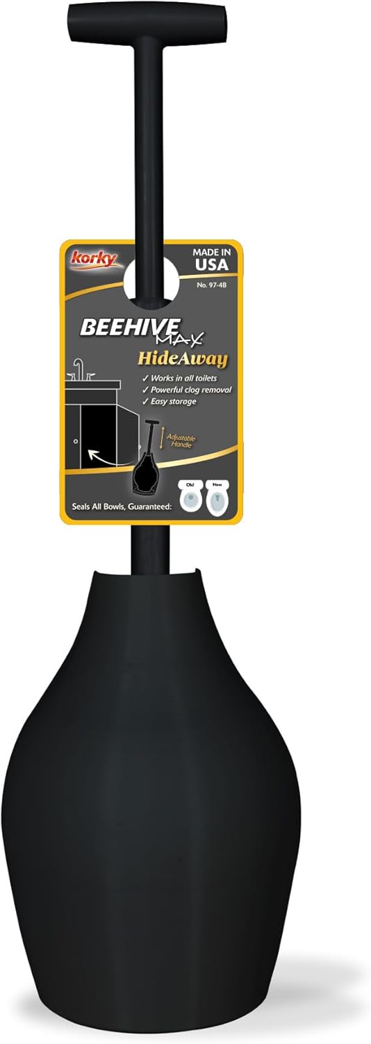 Korky BeehiveMAX Hideaway - Heavy Duty Toilet Plunger with Holder in Black - Drip Free Carry-Seals All Bowl Shapes – Powerful Clog Removal, 97-5B