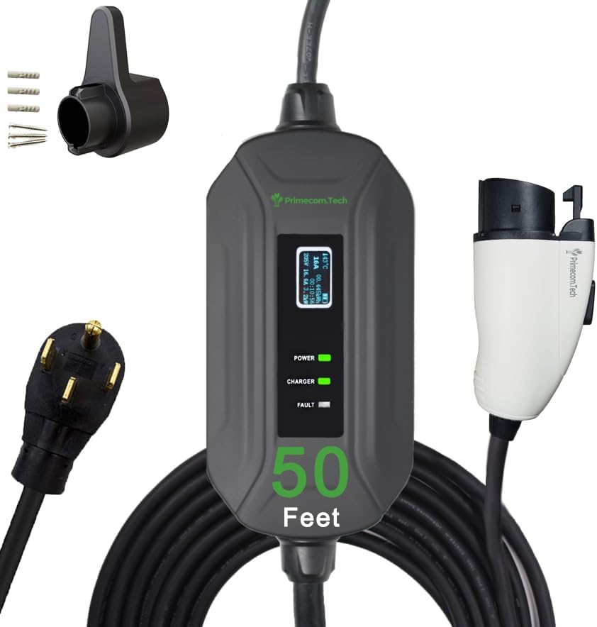 PRIMECOM Level 2 EV Charger 220/240V, 16A, 30ft & 50ft, Portable EVSE Electric Vehicle Charging Cable Compatible with Bolt Volt Leaf BMW i3 Fiat 500e Clarity NIRO Prius (50 Feet, 14-50P)