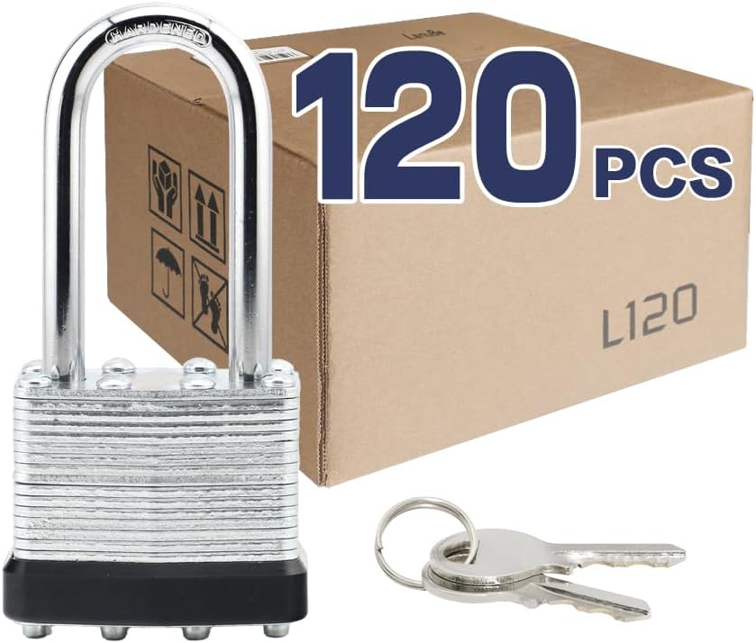 LanuBe Lock Laminated keyed Padlock (1-9/16", 40mm), keyed Alike Locks, Long Shackle,Marked Black Plastic Hoop, Pack of 120