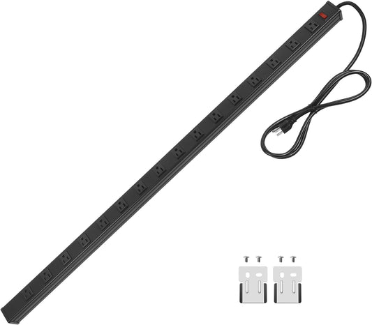 Heavy Duty Power Strip - 16 Outlet Industrial Metal Strip, 6FT Cord, 15A, 125V, 1875W (Black)